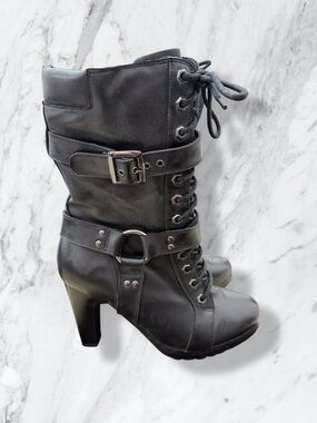 Xelement Lace-Up Buckle Heeled Ankle Boots - Black